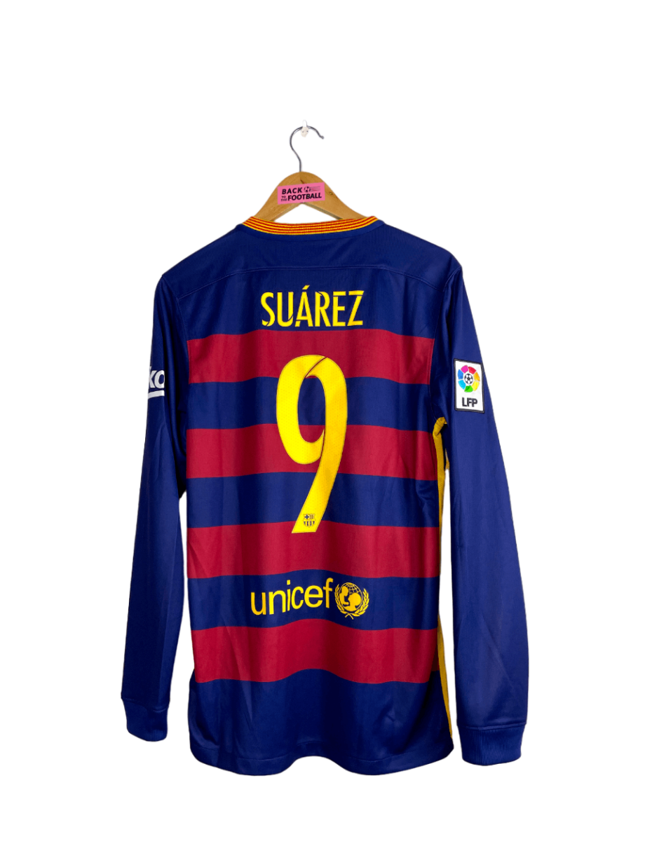 maillot vintage domicile de Barcelone 2015/2016 manches longues floqué Suarez #9