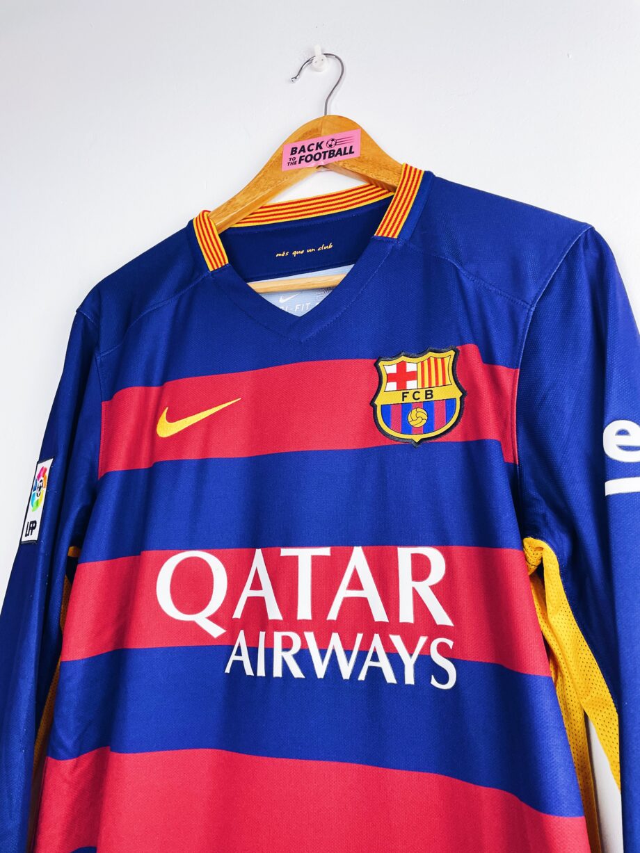 maillot vintage domicile de Barcelone 2015/2016 manches longues floqué Suarez #9