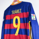maillot vintage domicile de Barcelone 2015/2016 manches longues floqué Suarez #9