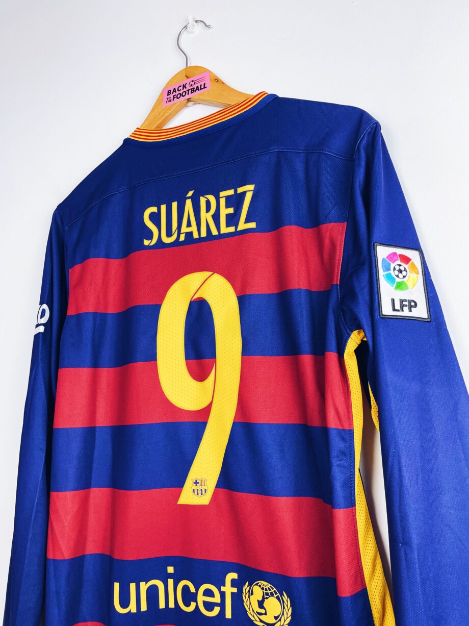 maillot vintage domicile de Barcelone 2015/2016 manches longues floqué Suarez #9